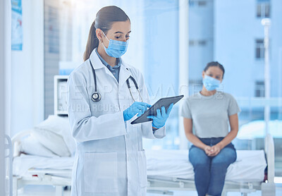 Buy stock photo Medical, doctor and tablet with woman for digital test, hospital or clinic checkup. Consultation, results and patient with healthcare professional for pandemic protection for covid compliance or care