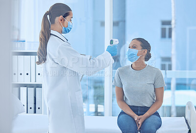 Buy stock photo Healthcare, doctor and thermometer with patient for test, hospital or clinic checkup. Consultation, temperature and woman with medical professional for pandemic protection for covid compliance care