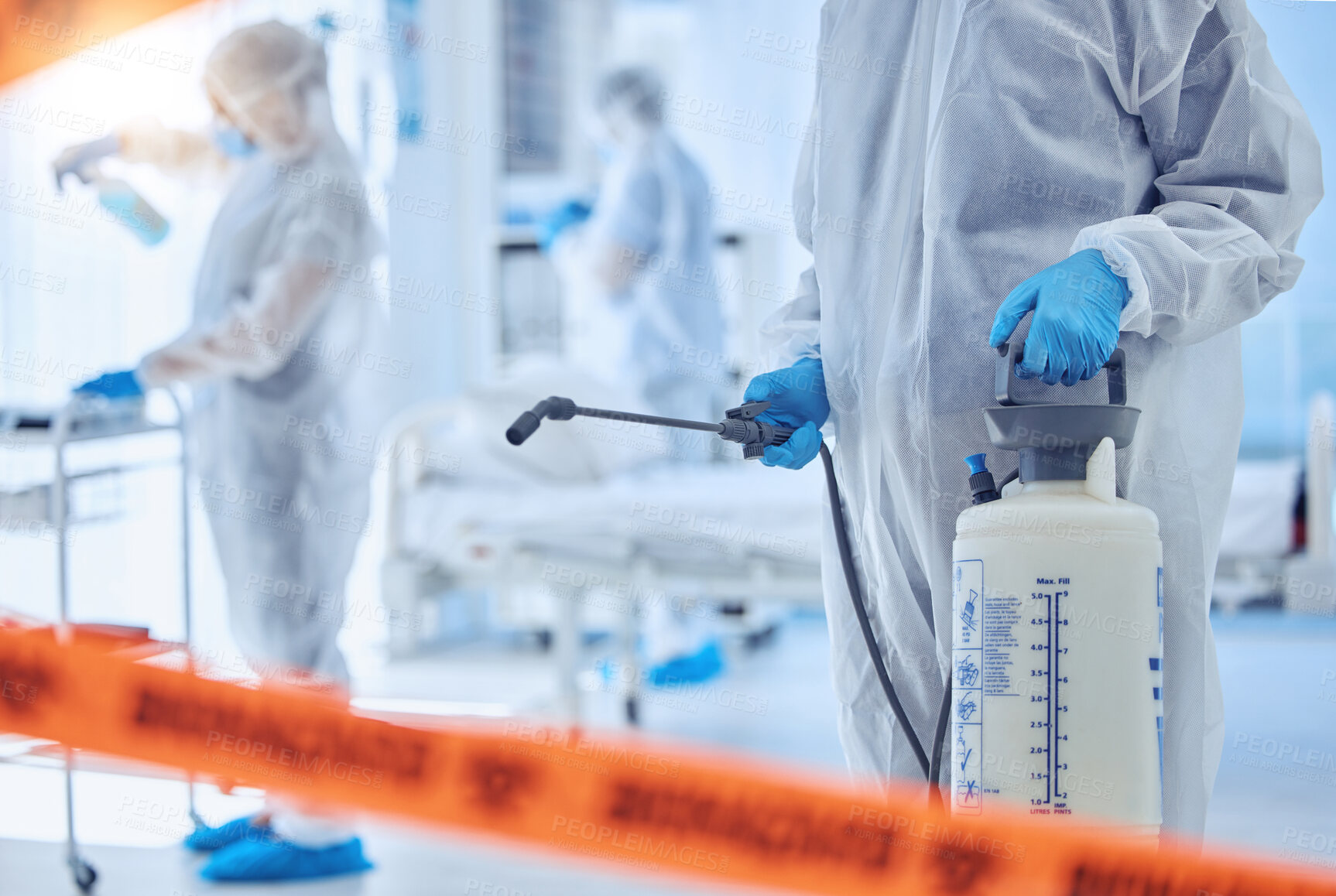 Buy stock photo Hospital, biohazard and people cleaning with disinfection for contamination, safety or protocol. Medical, red tape and work with PPE in ward for healthcare compliance, sanitation or infection control