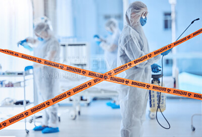 Buy stock photo Hospital, biohazard and people cleaning with sanitation for contamination, safety or protocol. Medical, red tape and work with PPE in ward for healthcare compliance, disinfection or infection control