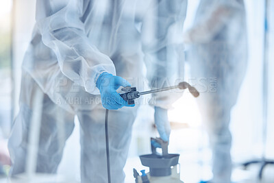 Buy stock photo Hospital, cleaning and people with equipment in disinfection for contamination, safety and protocol. Medical service, spray and worker with PPE in ward for healthcare, sanitation or infection control