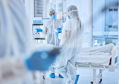 Buy stock photo Doctors, corpse and medical with virus, biohazard and specialists with safety, protection and pandemic. Virus, professional and teamwork with compliance policy, report for deceased and hospital