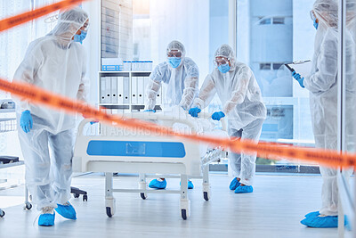 Buy stock photo Biohazard, hospital and group with patient, doctor and healthcare for sick person, hallway and teamwork. Helping, PPE and caution of danger with yellow tape, disease and outbreak of virus in clinic