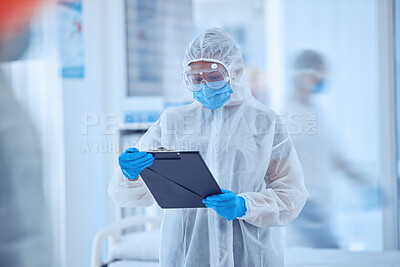 Buy stock photo Doctor, ppe and person with medical report in hospital for mpox pandemic treatment protocol. Mask, protective suit and scientist with document for health, research or busy reading clipboard with blur