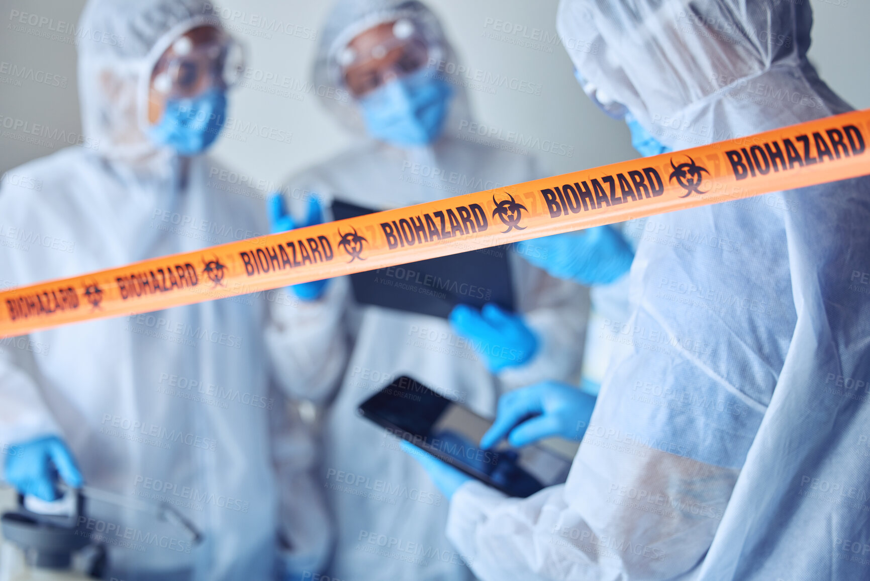 Buy stock photo Biohazard, tape and people in team for investigation with tablet for terrorist attack with chemical warfare. Group, inspection and touchscreen with app for forensic scientist with ppe suit for safety