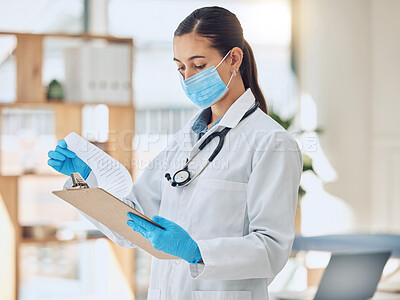 Buy stock photo Clipboard, face mask and doctor in office at hospital with research for viral disease diagnosis. Medical documents, healthcare and female medical worker with treatment plan for monkeypox at clinic.