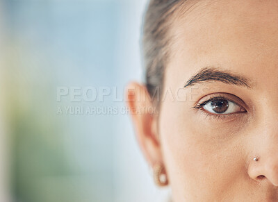 Buy stock photo Woman, portrait and closeup with vision, eye health and testing with mockup and nose piercing. Natural beauty, wellness and facial detail with person from Brazil with healthy skin and cosmetics 