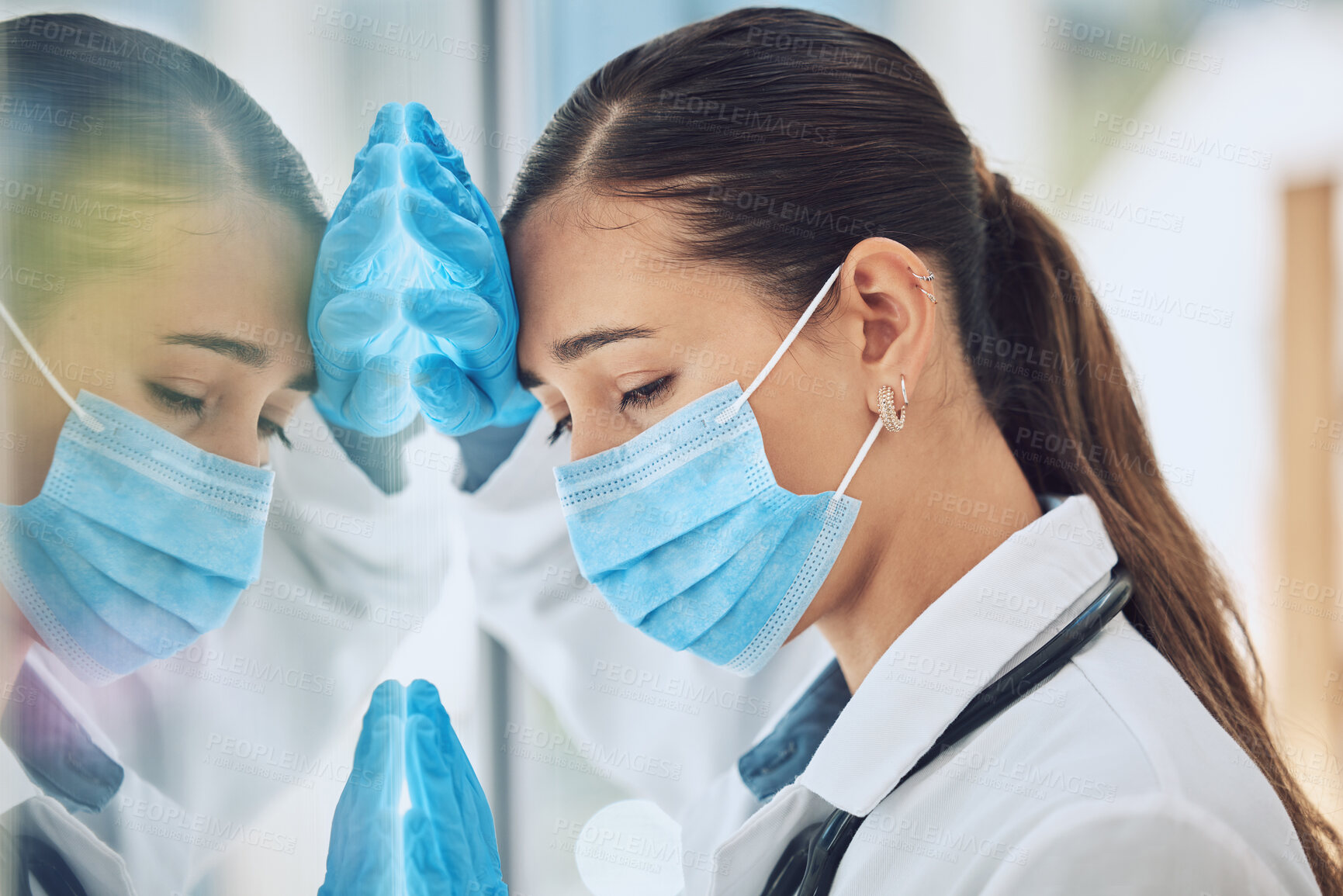 Buy stock photo Sad woman, doctor and mask with window in anxiety, stress or mistake after difficult procedure at hospital. Young female person or medical employee feeling hopeless in depression, covid or failure