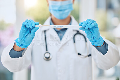 Buy stock photo Person, doctor and hands with cotton swab for viral testing, exam or healthcare kit at hospital. Closeup of medical employee with face mask, gloves or stick for covid results, dna sample or virus