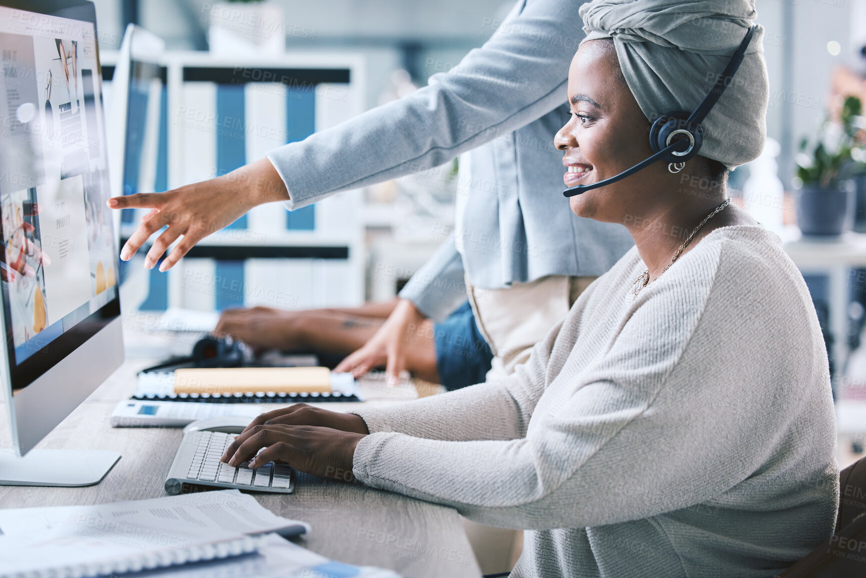 Buy stock photo Computer, intern and team leader with smile at call center with training for customer service. People, employees and happy at office with document for telemarketing, consultation and internship