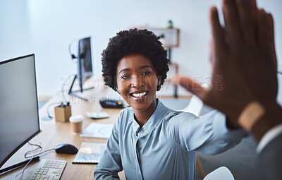 Buy stock photo Happy, black woman and call center with high five for winning, promotion or success at office. Young African, consultant or agent with smile or touch for teamwork, good job or well done at workplace