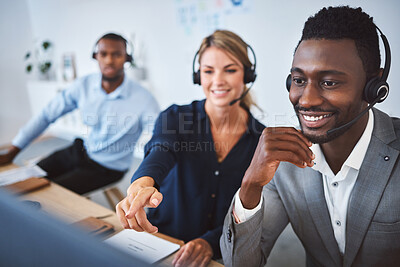 Buy stock photo Business people, telemarketing and mentor with computer, call center and help desk in office. Advice, employees and insurance agents with pc, coaching or customer service with tech support or headset