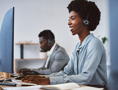 Buy stock photo Business people, telemarketing and woman with computer, help desk and tech support in office. Smile, employees or insurance agents with pc, connection or customer service with call center or headset