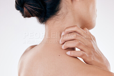 Buy stock photo Back, woman and scratch neck in studio with skin irritation, skincare emergency and discomfort of allergy problem. Female person, itching and body of dermatology, eczema reaction and white background