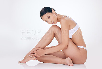 Buy stock photo Portrait, underwear and woman with hair removal, body and natural beauty on white studio background. Face, person and model with wellness, dermatology and healthy with lingerie, grooming or aesthetic