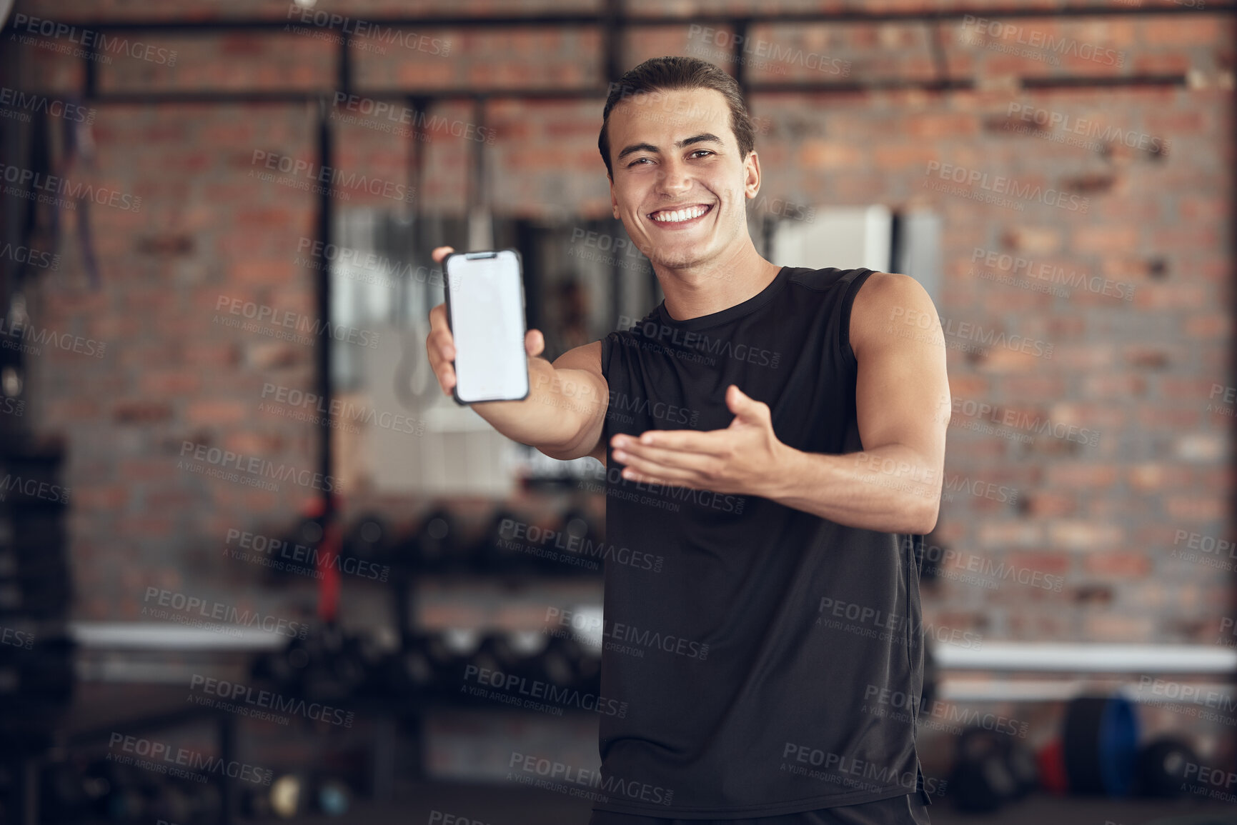 Buy stock photo Phone, screen and portrait of man in gym for fitness app, membership or offer to download. Happy, person and point at tech with mockup space for exercise program, training or online registration info