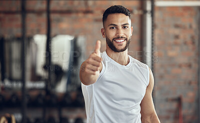 Buy stock photo Man, fitness and portrait in gym with thumbs up, smile and satisfaction for training. Happy, hand gesture and personal trainer in wellness center for thank you, support and good feedback for exercise