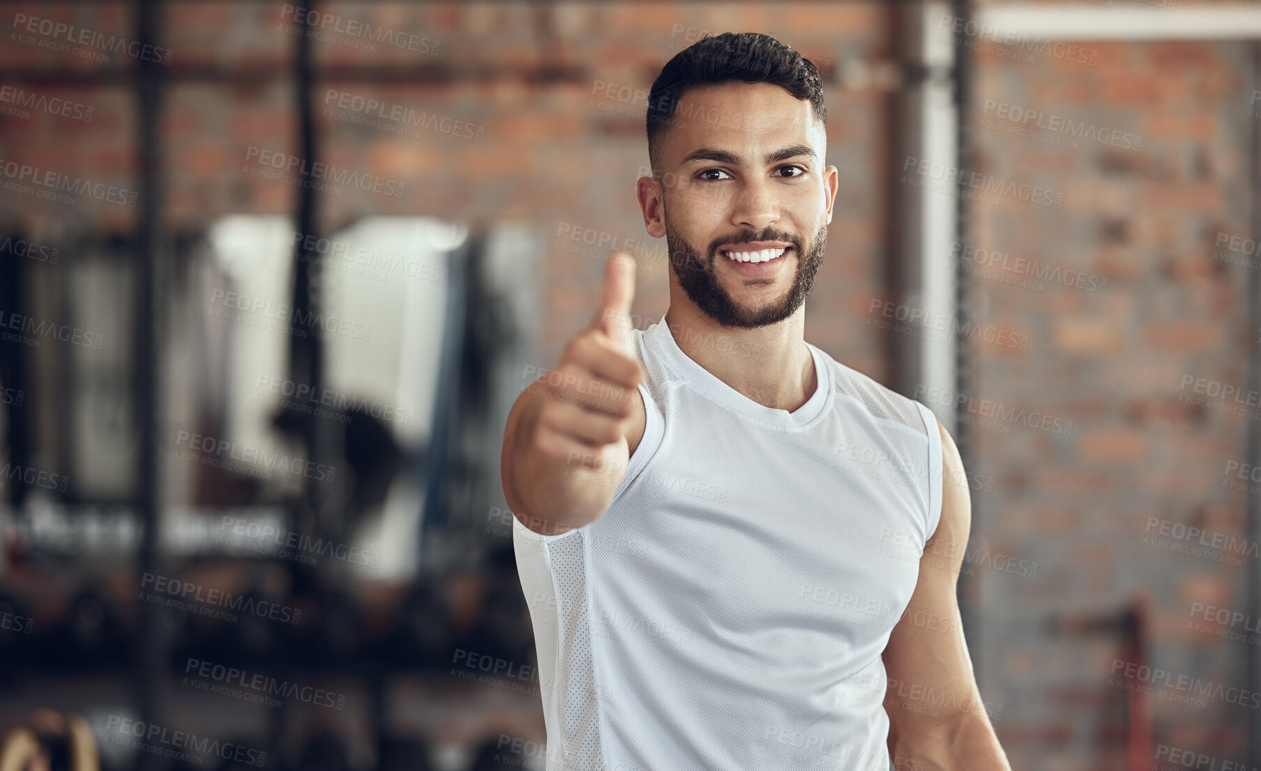 Buy stock photo Man, fitness and portrait in gym with thumbs up, smile and satisfaction for training. Happy, hand gesture and personal trainer in wellness center for thank you, support and good feedback for exercise