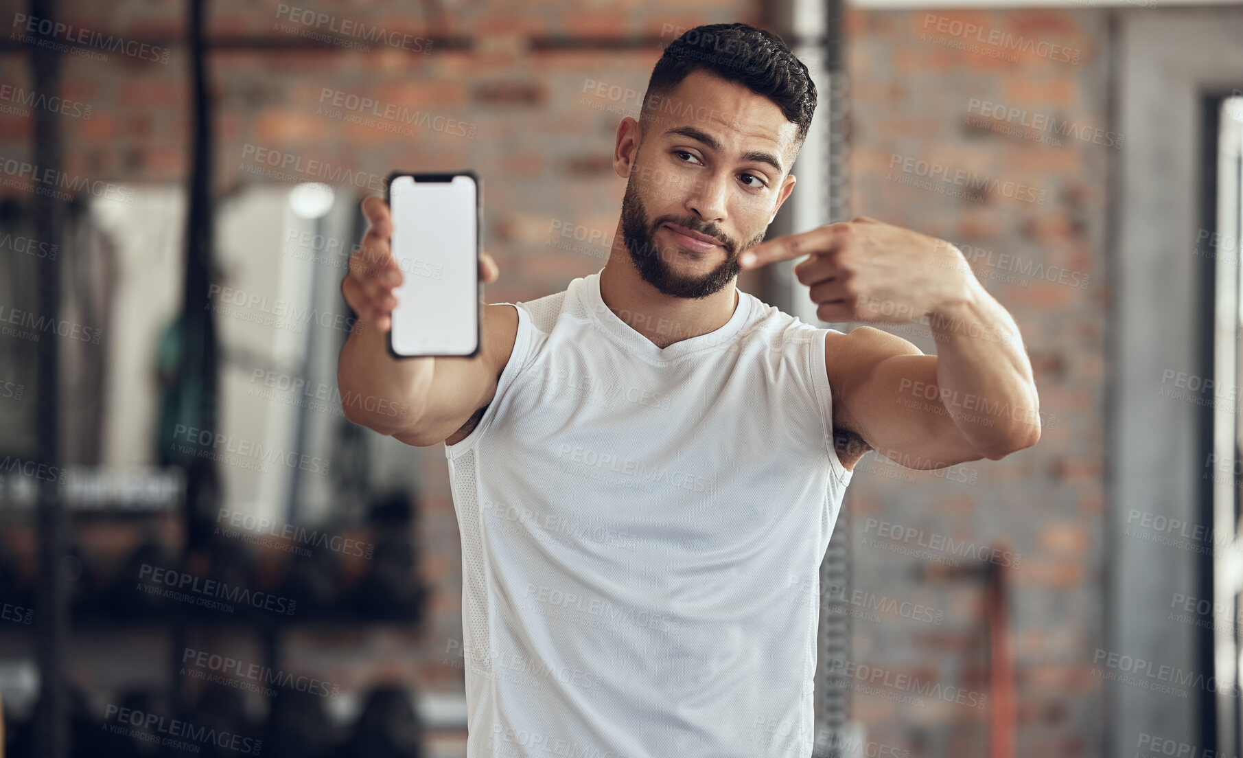 Buy stock photo Phone, screen and point of man in gym for fitness app, subscription and download of software. Athlete, person and gesture to mockup space on tech for exercise, program and online registration info