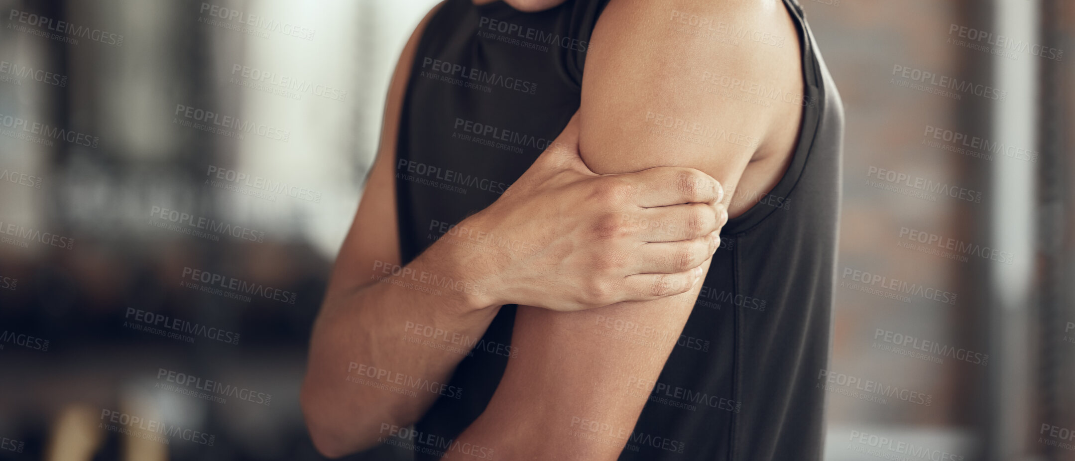 Buy stock photo Man, hands and fitness with arm injury or pain from accident, muscle tension or inflammation at gym. Closeup of male person with sore shoulder, joint or sprain in discomfort from workout or exercise