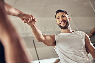 Buy stock photo Happy man, friends and fist bump with fitness partner in success, workout or teamwork below at gym. Low angle of young male person or men touching hands for training, goal or exercise at health club