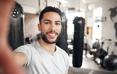 Buy stock photo Selfie, portrait and man with smile, gym and proud of routine for fitness, influencer or picture for followers. Happy, content creator and health guru in club, confident or photography of bodybuilder