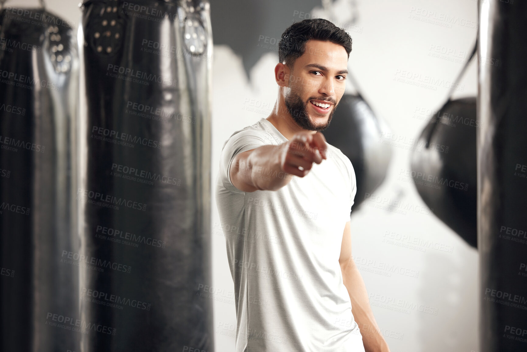 Buy stock photo Fitness, pointing and portrait with man in boxing gym for decision, membership sign up or vote. Exercise, selection and wellness with smile happy athlete in health club for sports training or workout