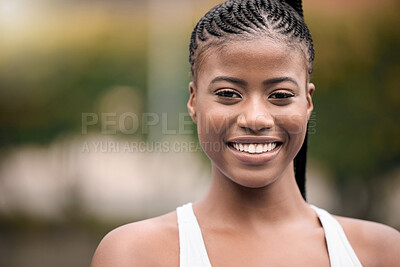 Buy stock photo Fitness, portrait and smile with black woman tennis player outdoor on sports court for training. Exercise, face and workout with happy athlete person at stadium or venue for challenge or performance