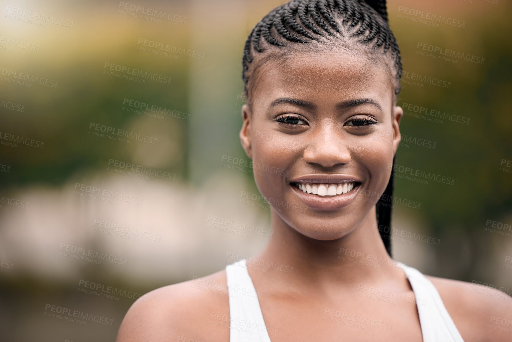 Buy stock photo Fitness, portrait and smile with black woman tennis player outdoor on sports court for training. Exercise, face and workout with happy athlete person at stadium or venue for challenge or performance