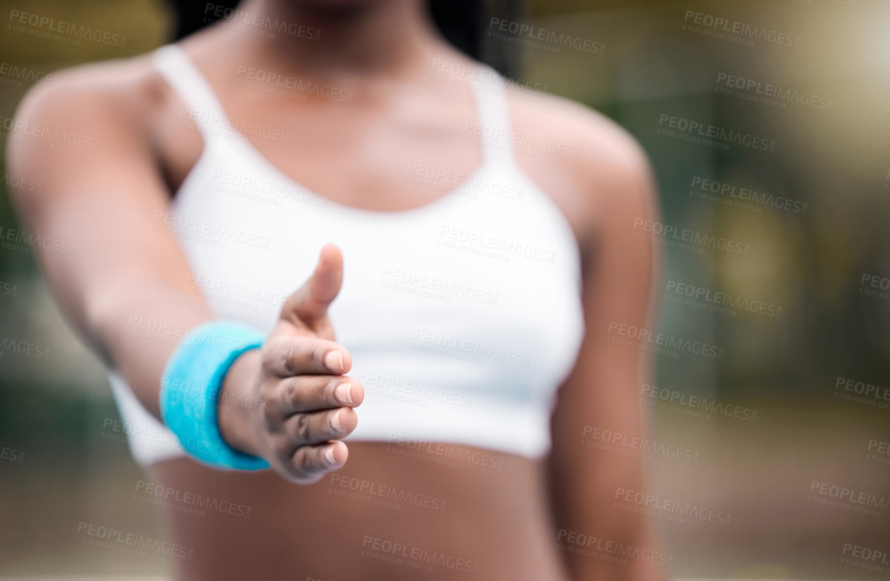 Buy stock photo Exercise, handshake and thank you with tennis player on court for deal, sportsmanship or well done. Fitness, training and wellness with person shaking hands closeup at arena or venue for motivation