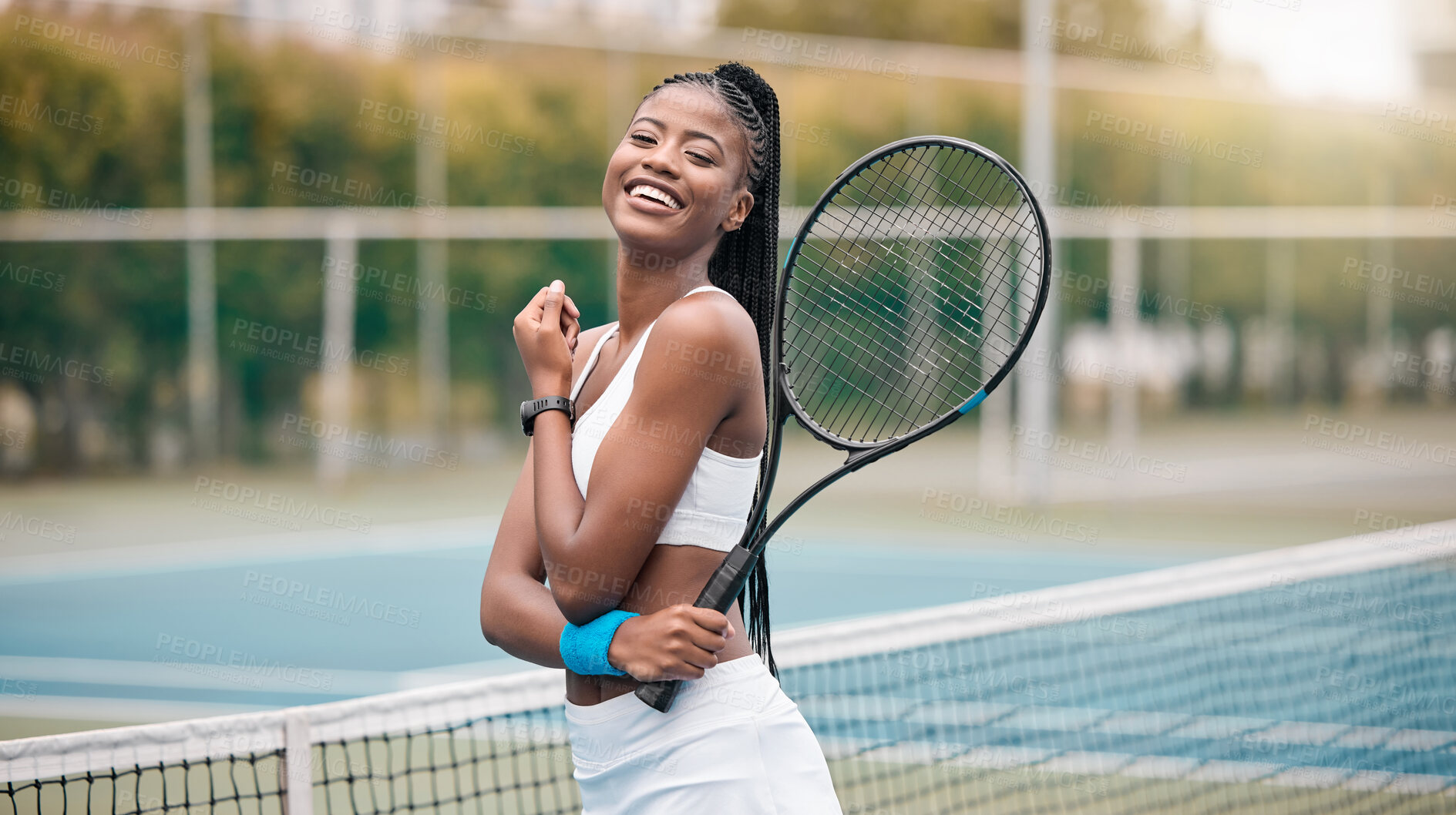 Buy stock photo Portrait, tennis player and black woman with smile, game and confident of skills for competition. Outdoor, proud and excited for match, fitness and professional in sports, court and athlete with fun