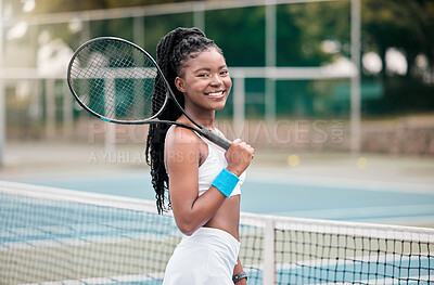 Buy stock photo Portrait, tennis player and black woman with smile, outdoor or confident of skills for competition. Game, proud and excited for match, fitness and professional in sports, court or athlete with racket