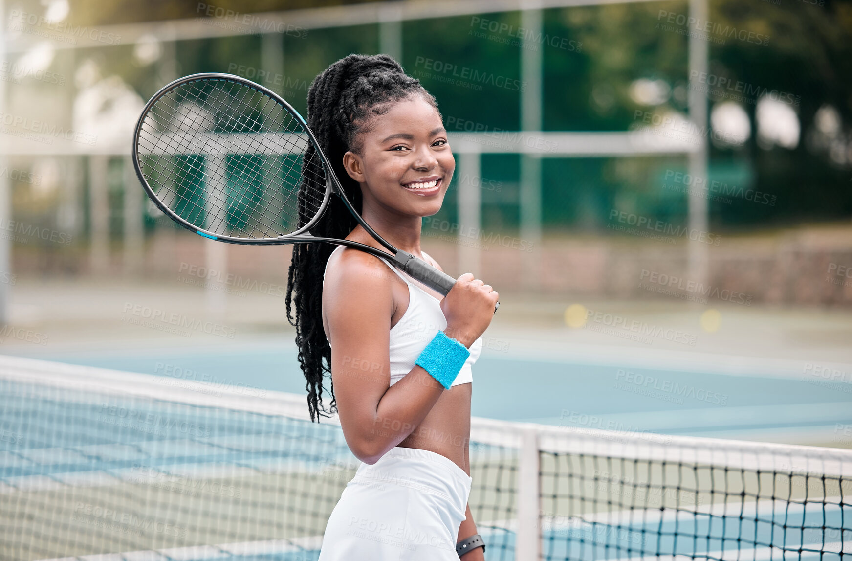 Buy stock photo Portrait, tennis player and black woman with smile, outdoor or confident of skills for competition. Game, proud and excited for match, fitness and professional in sports, court or athlete with racket