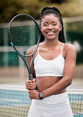 Buy stock photo Portrait, tennis player and black woman with racket, outdoor or confident of skills for competition. Game, proud and excited for match, fitness and professional in sports, court or athlete with smile