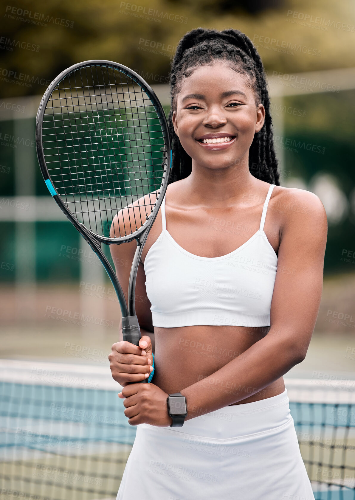 Buy stock photo Portrait, tennis player and black woman with racket, outdoor or confident of skills for competition. Game, proud and excited for match, fitness and professional in sports, court or athlete with smile