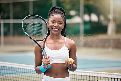 Buy stock photo Portrait, tennis player and black woman with ball, outdoor and confident of skills for competition. Game, proud and excited for match, fitness and professional in sports, court and athlete with smile