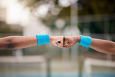 Buy stock photo Fist bump, celebration and tennis court for sport, fitness or practice in team, player or exercise. Athlete, hands and zoom in outdoor for workout, challenge or game in competition, match or training