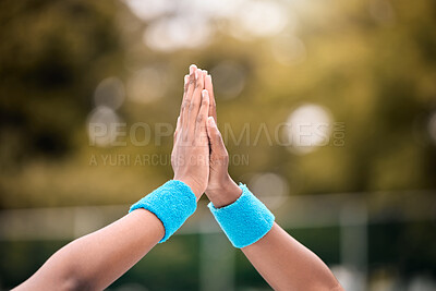 Buy stock photo High five, celebration and tennis court for sport, fitness or practice in team, player or exercise. Athlete, hands and zoom in outdoor for workout, challenge or game in competition, match or training