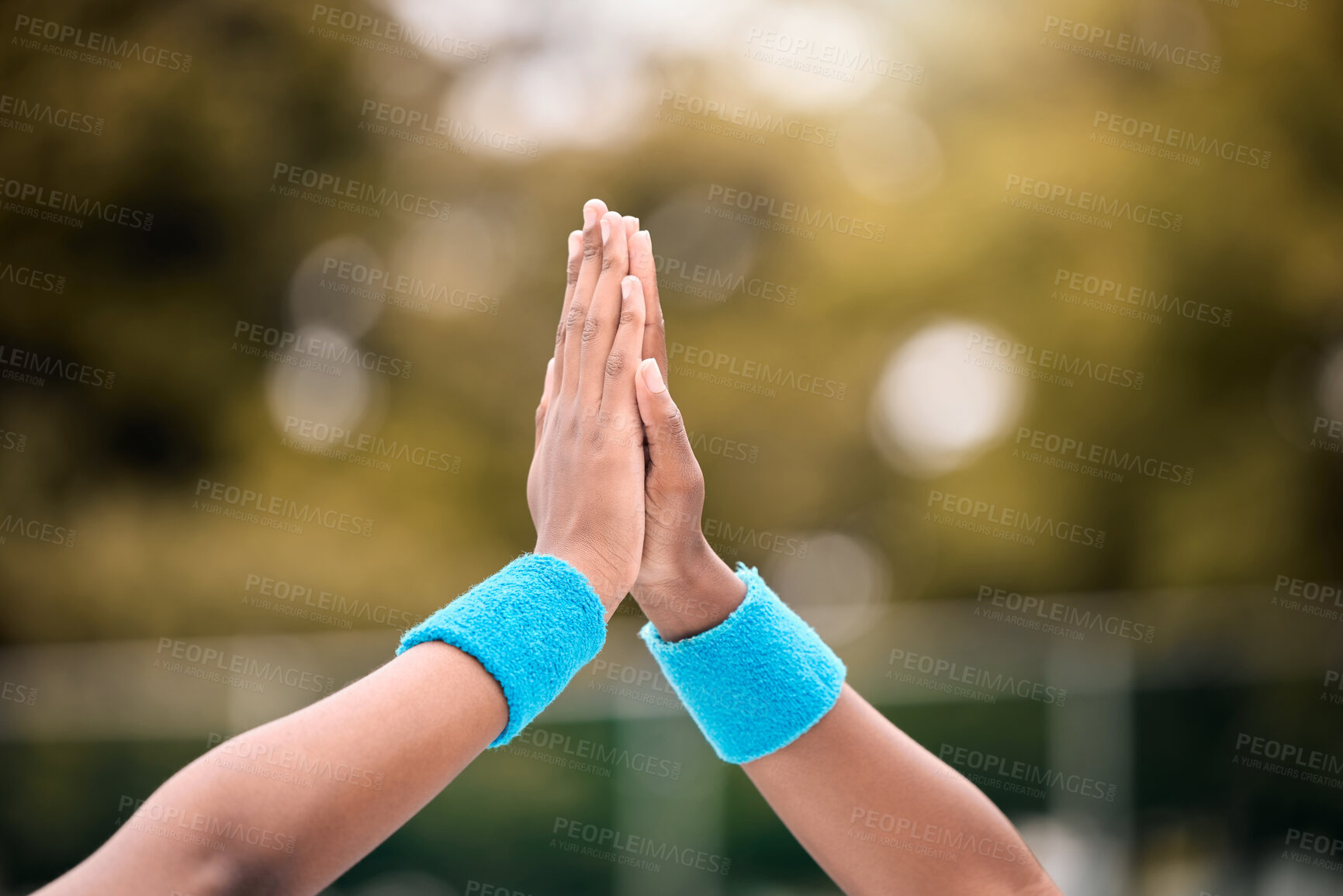 Buy stock photo High five, celebration and tennis court for sport, fitness or practice in team, player or exercise. Athlete, hands and zoom in outdoor for workout, challenge or game in competition, match or training