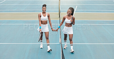 Buy stock photo Happy woman, tennis and holding hands with racket for game, match or sport together on outdoor court. Female person or friends with smile for fun activity, fitness or exercise in friendly practice