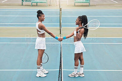 Buy stock photo Tennis, black women and handshake on outdoor court for training, match and competition with set game. Shaking hands, sport and success for wellness, health and rally with fitness at country club