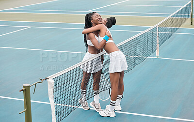 Buy stock photo Tennis, black woman and friends hug with outdoor sports, court game and training for workout. Fitness, exercise and cardio workout with athlete, hobby or competition practice for health tournament