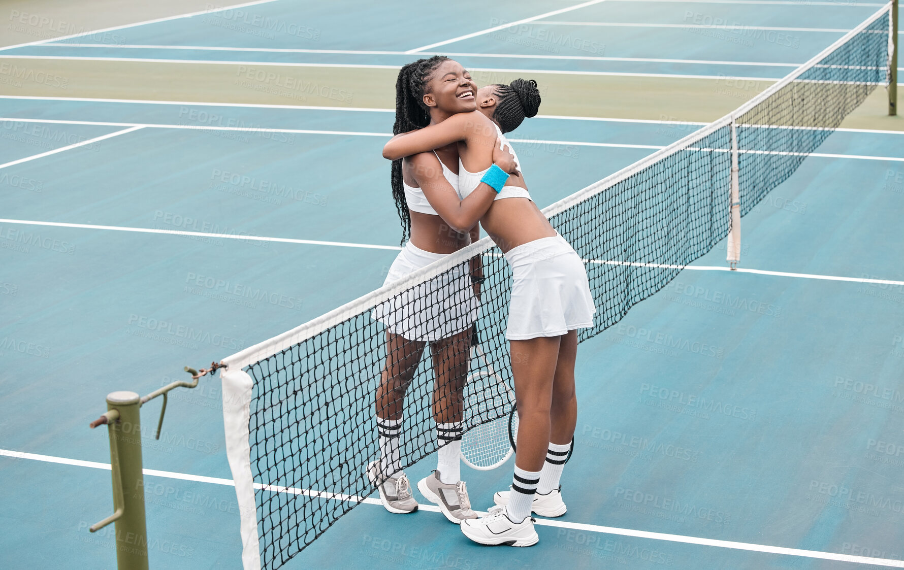 Buy stock photo Tennis, black woman and friends hug with outdoor sports, court game and training for workout. Fitness, exercise and cardio workout with athlete, hobby or competition practice for health tournament