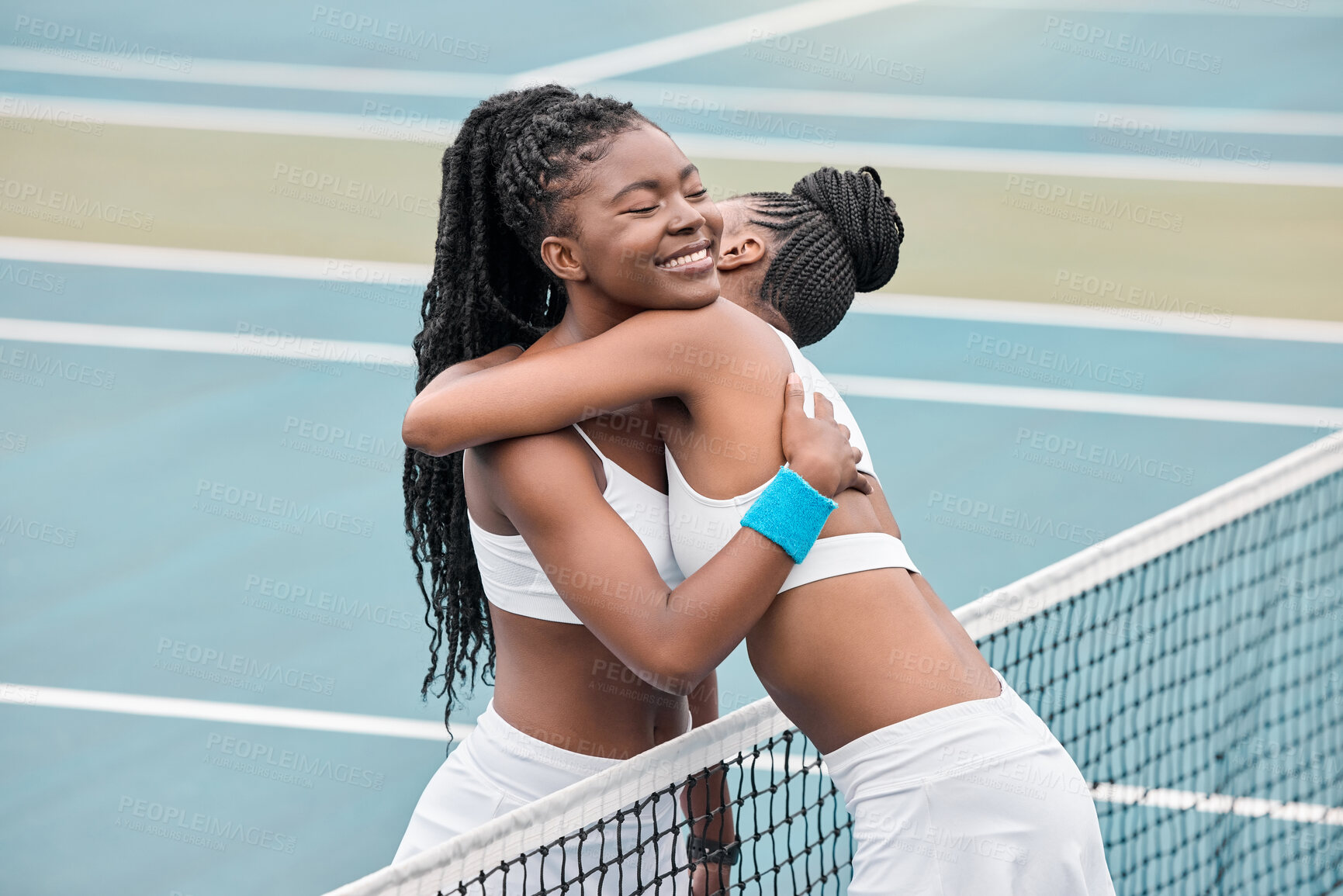 Buy stock photo Tennis, black woman and friends hug with sports outdoor, court game and training for workout. Fitness, exercise and cardio workout with athlete, hobby or competition practice for health tournament