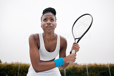 Buy stock photo Black woman, fitness and tennis with racket for match, game or sports competition on a white studio background. Young African, female person or player ready for ball, play or swing in tournament