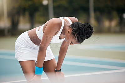 Buy stock photo Tired, black woman and rest with break at tennis court for exercise fatigue, sports and practice. Outdoor, fitness and player with recovery in training for tournament, competition and workout