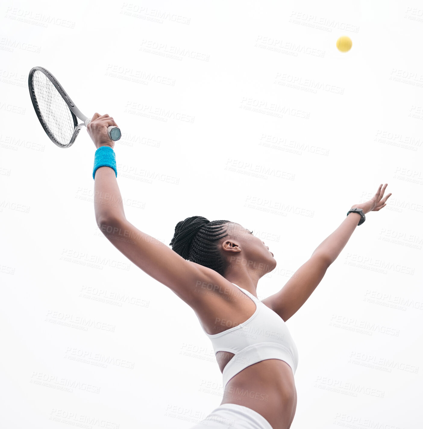 Buy stock photo Woman, ball and throw for tennis with serve, match and competition on white background. Person, athlete and equipment in sport for start, ready and recreational activity for fitness and exercise