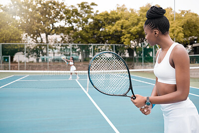 Buy stock photo Tennis, competition and black woman back with outdoor sports, court game and training for workout. Wellness, exercise and cardio energy with athlete, hobby or fitness practice for health tournament