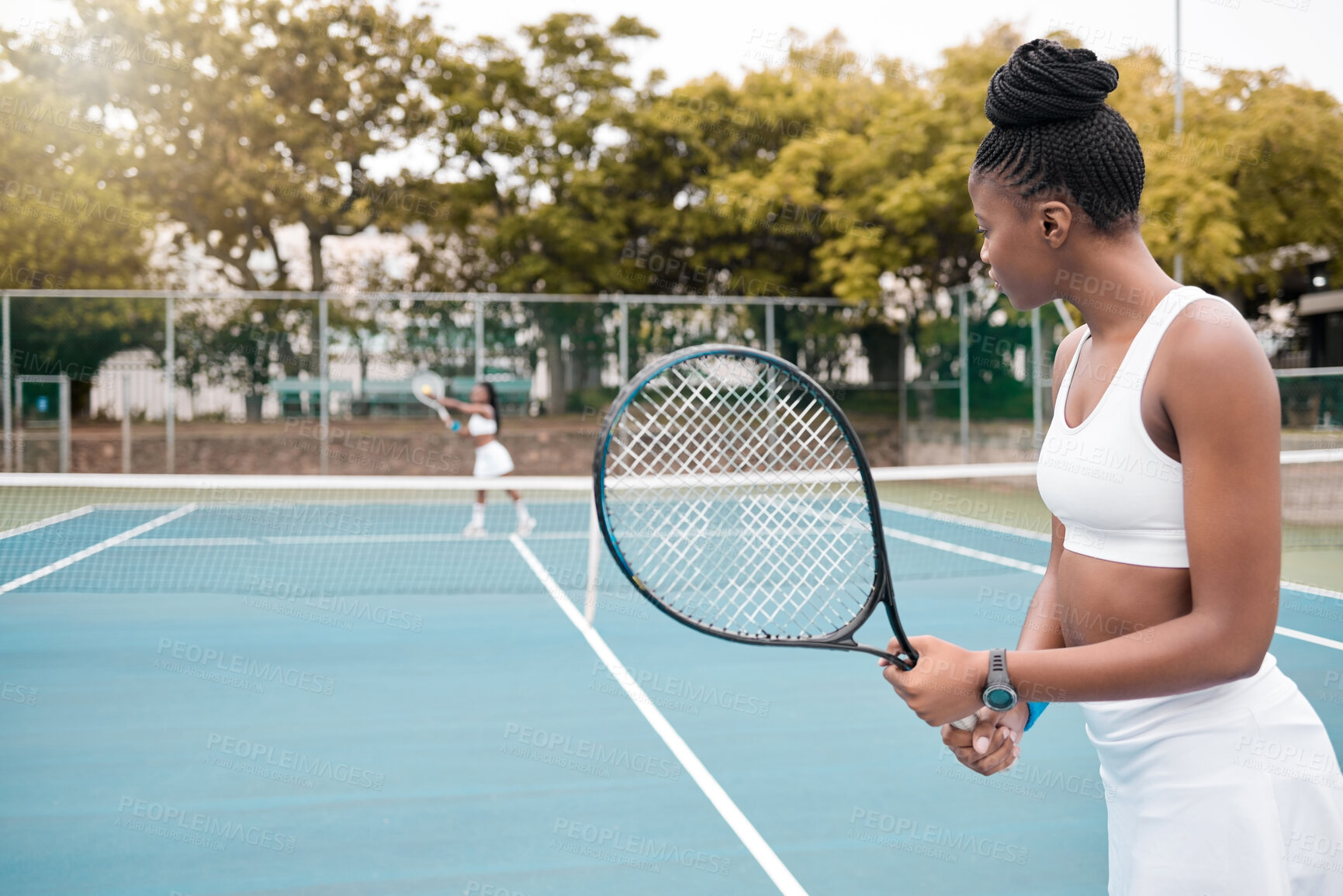 Buy stock photo Tennis, competition and black woman back with outdoor sports, court game and training for workout. Wellness, exercise and cardio energy with athlete, hobby or fitness practice for health tournament