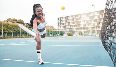 Buy stock photo Tennis serve, fitness and black woman with outdoor sports, court game and training for workout. Wellness, exercise and cardio energy with athlete, hobby or competition practice for health tournament